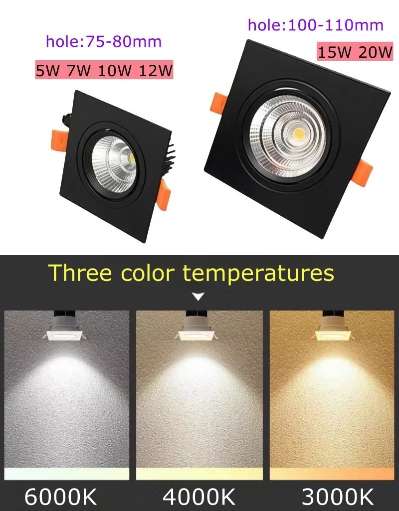 Square Embedded Dimmable COB Spotlight 5W7W10W15W20W Anti Glare AC110-220V Ceiling Downlight Indoor Living Room Bedroom Store La