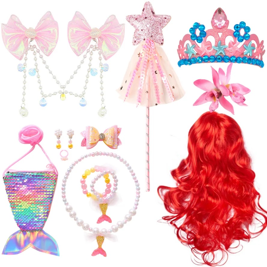 Costume Da Sirenetta Ariel Per Bambina 7 Pezzi Con Gonna, Parrucca E Accessori - Compleanno E Carnevale (120 Cm, 5-6 Anni)