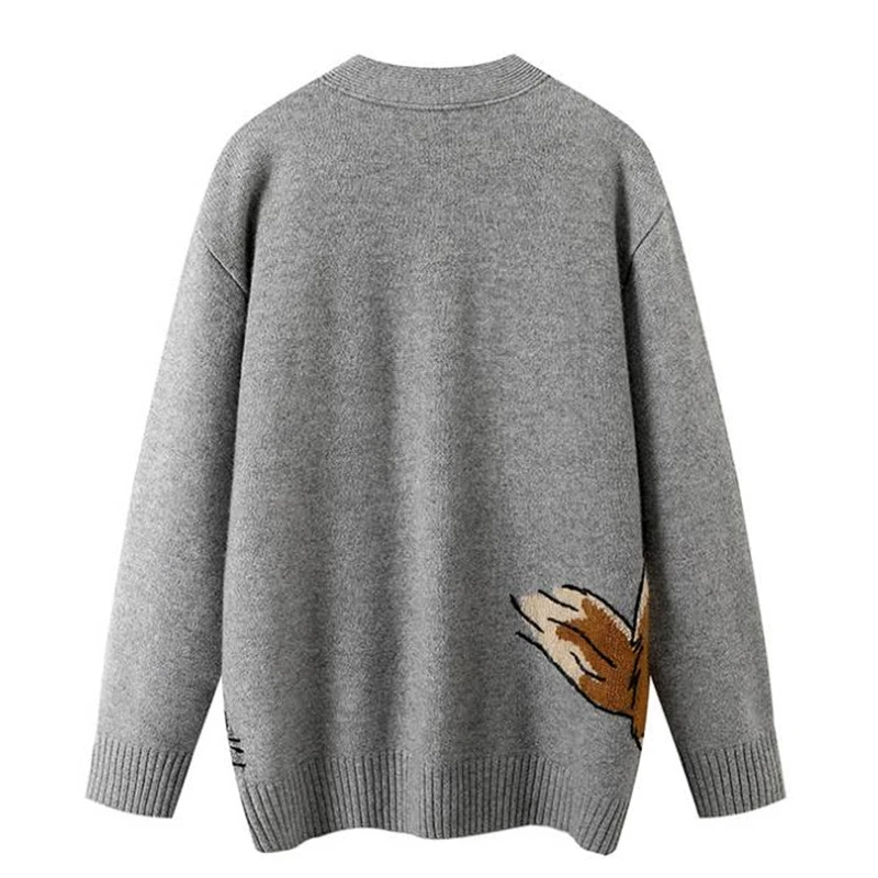 Women Knitted Cardigans Cartoon Cat Pattern Retro Korean Chic Long Sleeve V-neck Sweater Coat Fashion Outerwear Loose Female Top 2
