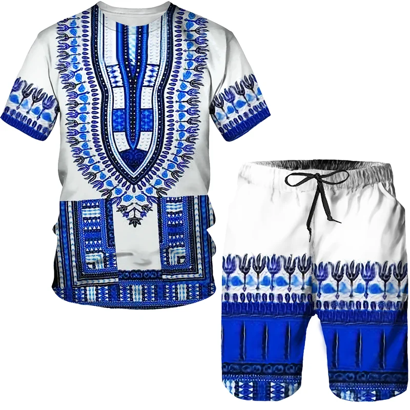 African Print Men Clothing Dashiki T Shirt Set Traditional Wear Clothes Short Sleeve Casual Retro Streetwear Vintage Ethnic