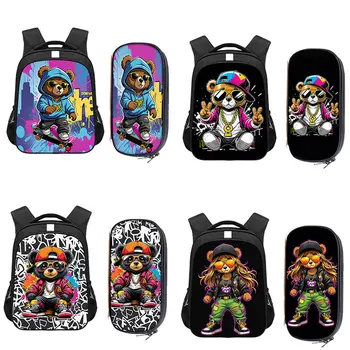 2 pezzi Set Cute Graffiti Female Bear Doll Print zaino ragazzi ragazze borse da scuola studente Bookbag Pencil Box forniture scolastiche regalo 1