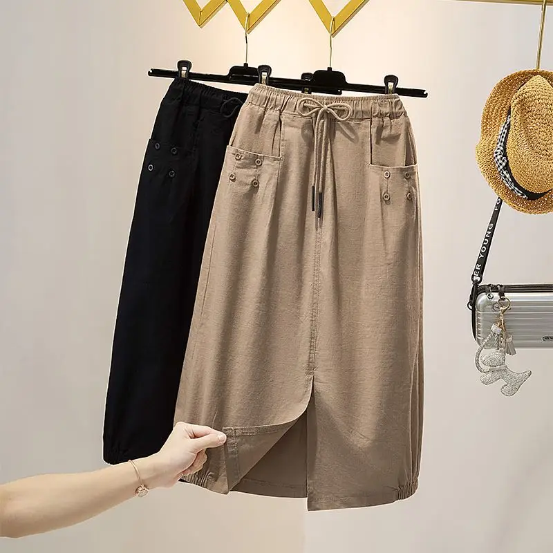 

Black Elastic Waist Midi Cotton Elegant High-Waisted Women'S Spring Autumn Winter Skirts Korean Style Fashion 2022 Harajuku