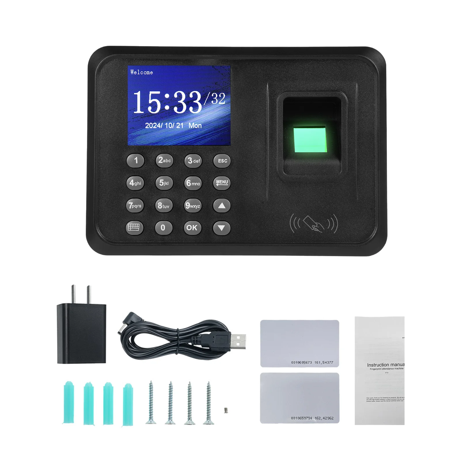 2.4 Inch TFT Color Screen Biometric Time Clock Attendance Machine for Employees Access Control Machine 1000pcs Password Cards