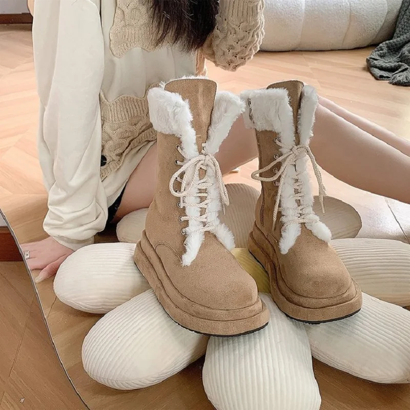 

Korean version of suede autumn and winter plush thick sole boots with a middle tube and winter fur integrated plush and thickene