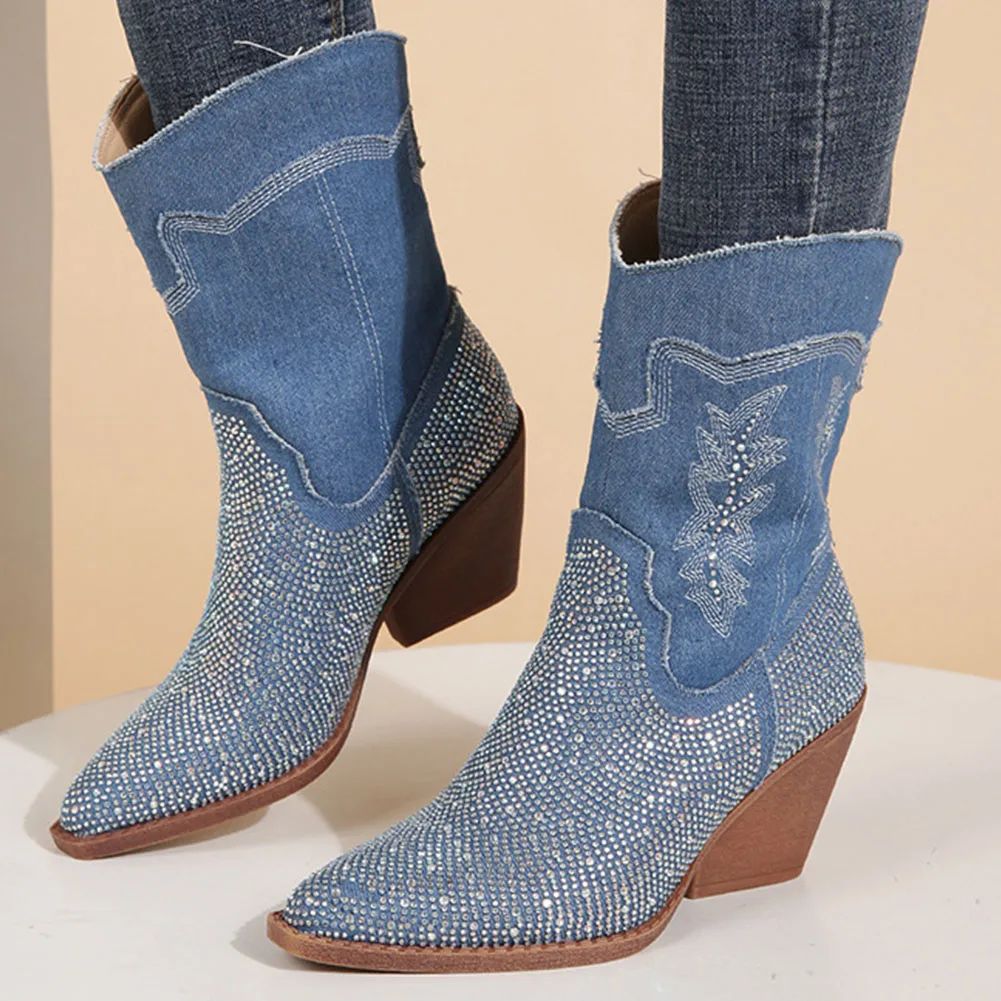 

Thick Heeled Mid-calf Women Western Boots Embroidery Classic Elegant Fashionable Booties For Ladies Autumn Winter Woman Shoes