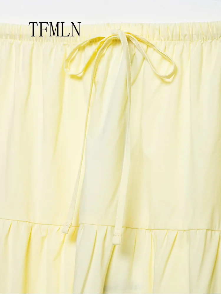 TFMLN Elegant Women Solid Tierred Pleated Skirts 2025 Summer Causal Beach Patchwork Drawstring Skirts High Street A-line Skirts