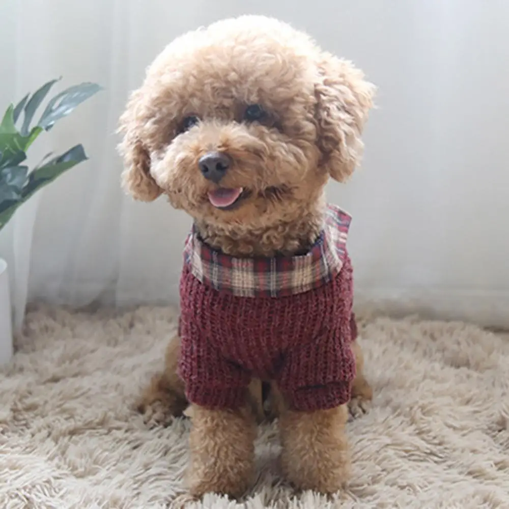 Cat Dog Clothes Pet Fake Two Pieces Plaid Pattern Lapel Sweater Autumn Winter