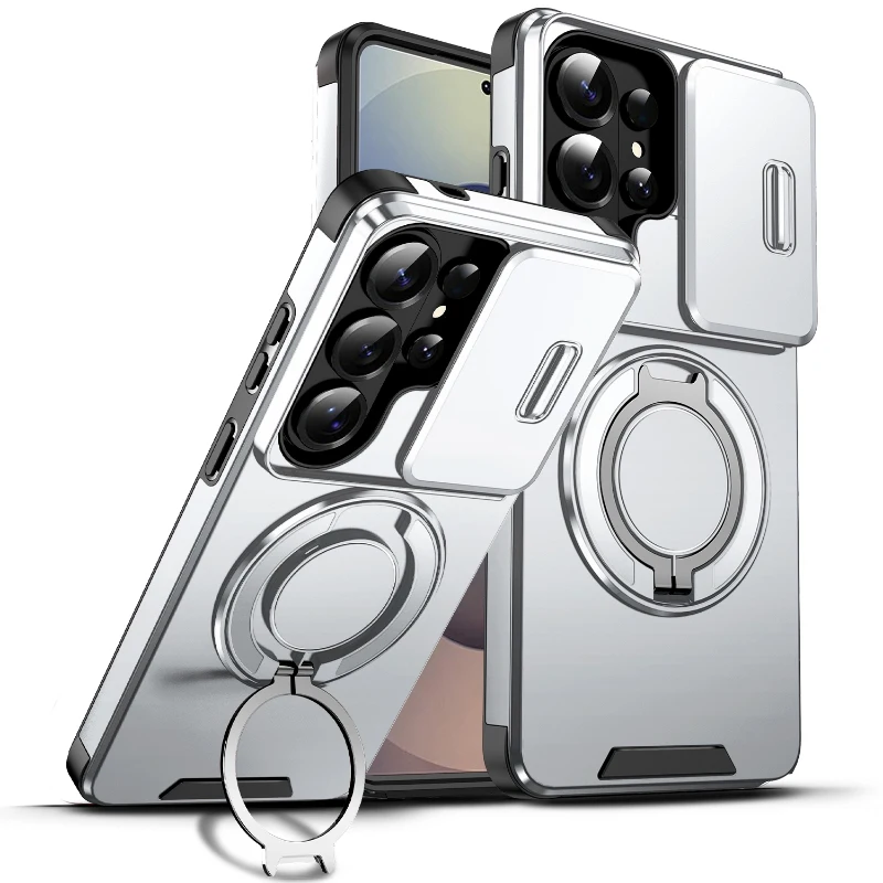 360° Rotating Metal Holder Armor Phone Case with Sliding Window and Anti-Fall Protection