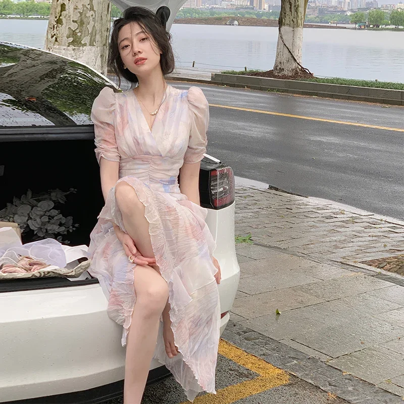 

Summer V-neck Print Dress French Style Women Elegent Party Pink Midi Dress Female Fashion A Line Holiday Korean Clothes Vestidos