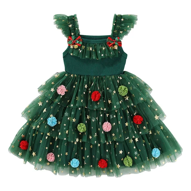 Robe de fête de noël pour filles, en Tulle, arbre rouge vert, superposé, sans manches, tenue de vacances, vêtements décontractés, robes de noël pour enfants 1