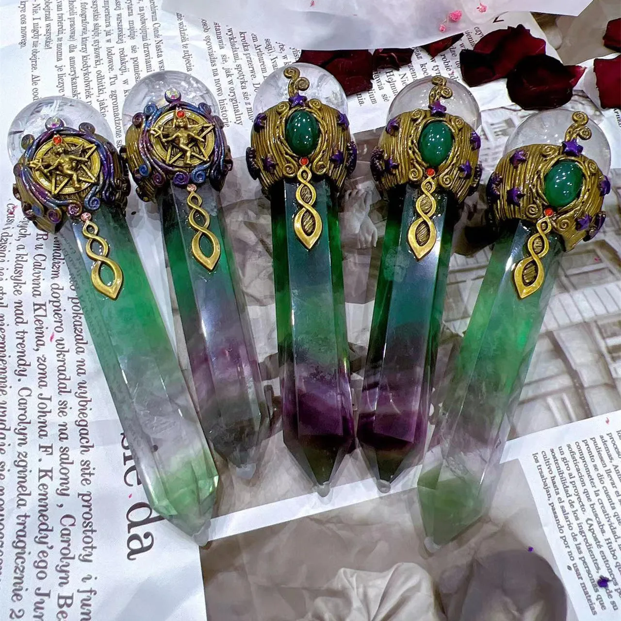 16-22cm Natural Crystal Fluorite Quartz Healing Raw Handmade Magic Stick scepter Witch Craft Staff Cosplay Fairy Props AliExpress
