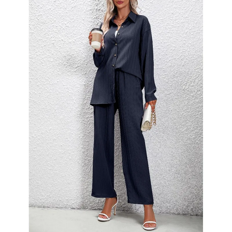 Autumn and Winter Women's Cardigan Polo Neck Bubble Sleeve Solid Button Striped Elastic Slim Fashion Casual T-shirt Pant Sets