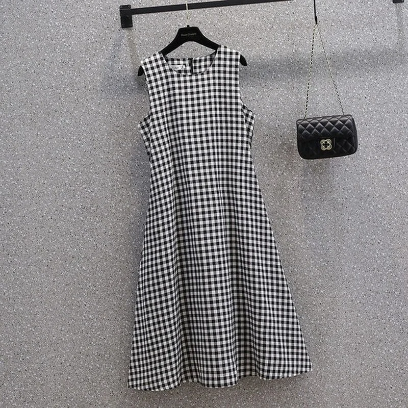 

Women dress 2023 summer new outer casual wear cotton and linen long dress sleeveless vest o neck plaid fashion skirt female tops
