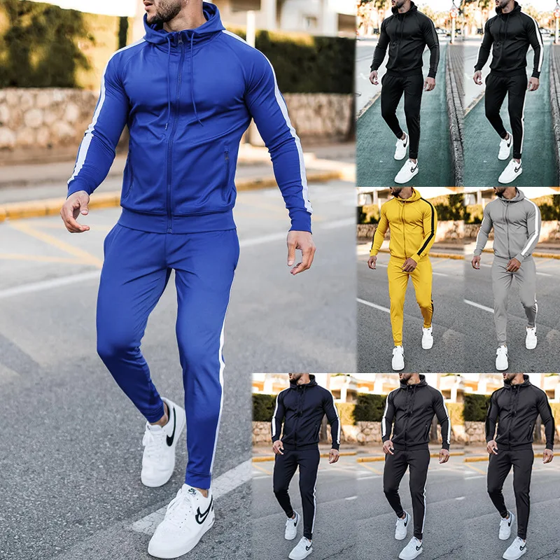 Autumn Winter Color Matching Zipper Tracksuit Hoodies Two-piece Tracksuit Casual Pants Men's Suit Long-Sleeved Hoodie+Pants