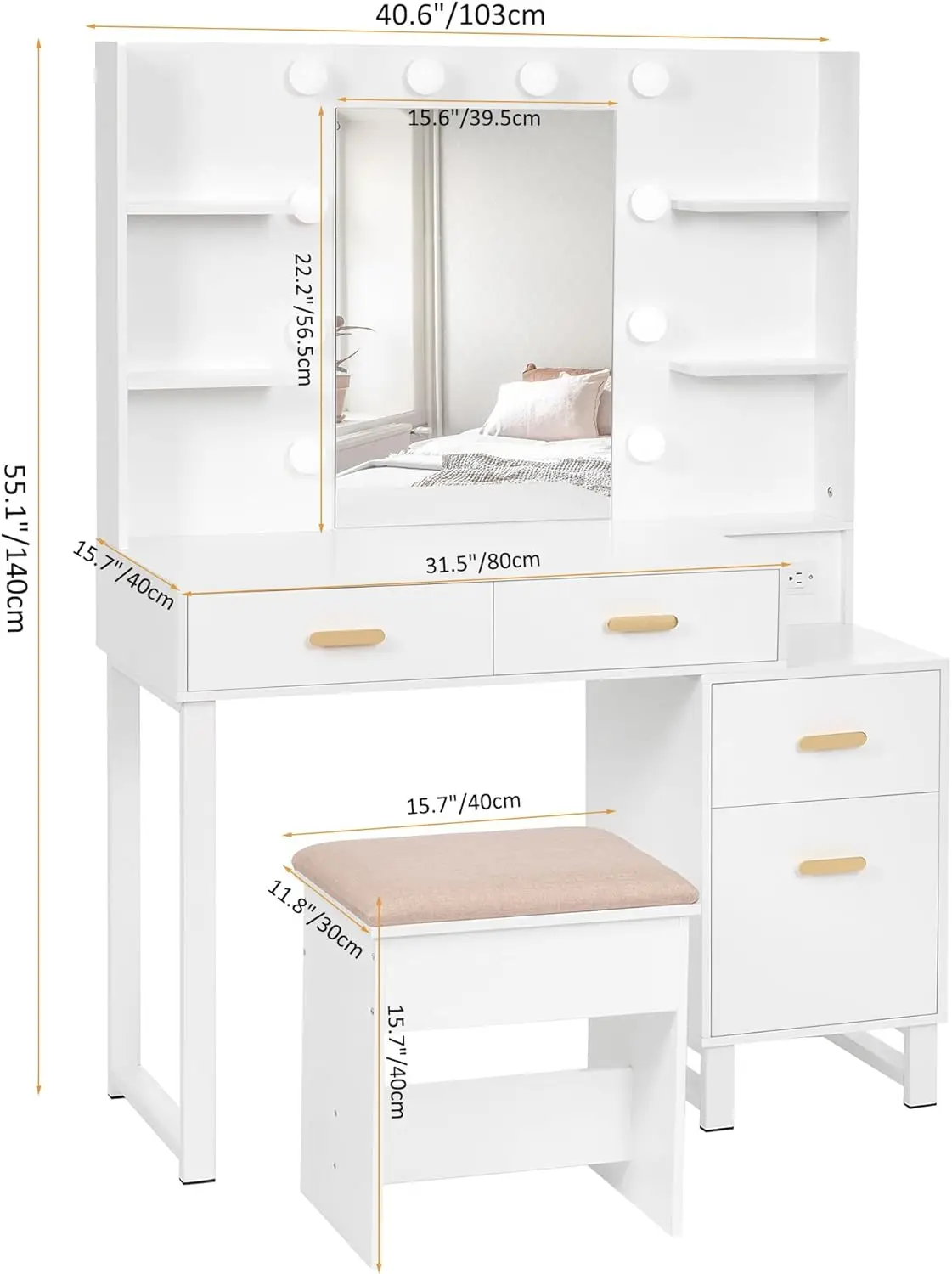 Makeup Vanity Desk Vanity Set with 10 LED Bulbs Lighted Mirror Makeup Table Set with Charging Station Nightstand 3 Colors