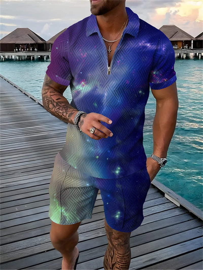

Men's Zip-Up 3D Polo Shirt and Shorts Set Casual Star Print Short Sleeve Zip-Up Polo Shirt and Shorts Men's Casual Suit