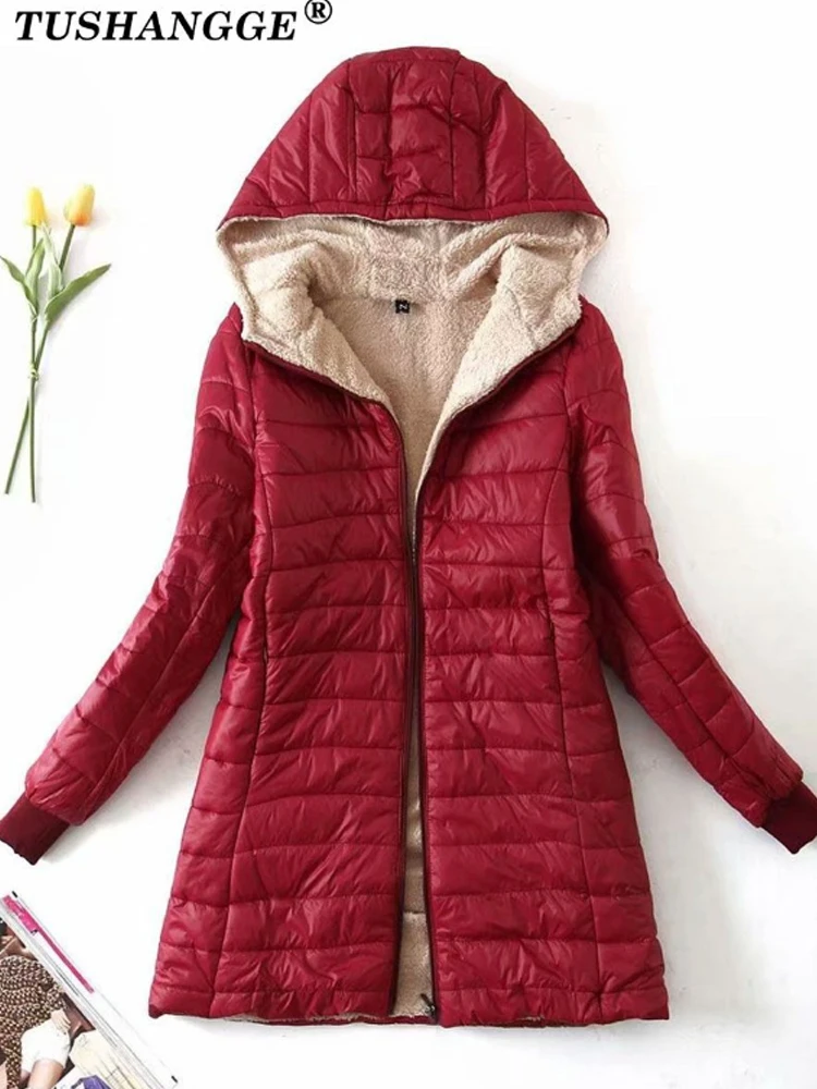 New Mid Length Korean Edition Hooded Fit Women Jackets Autumn Winter Mid-length Office Cotton Coats Warm Lamb Fleece Parkas 3