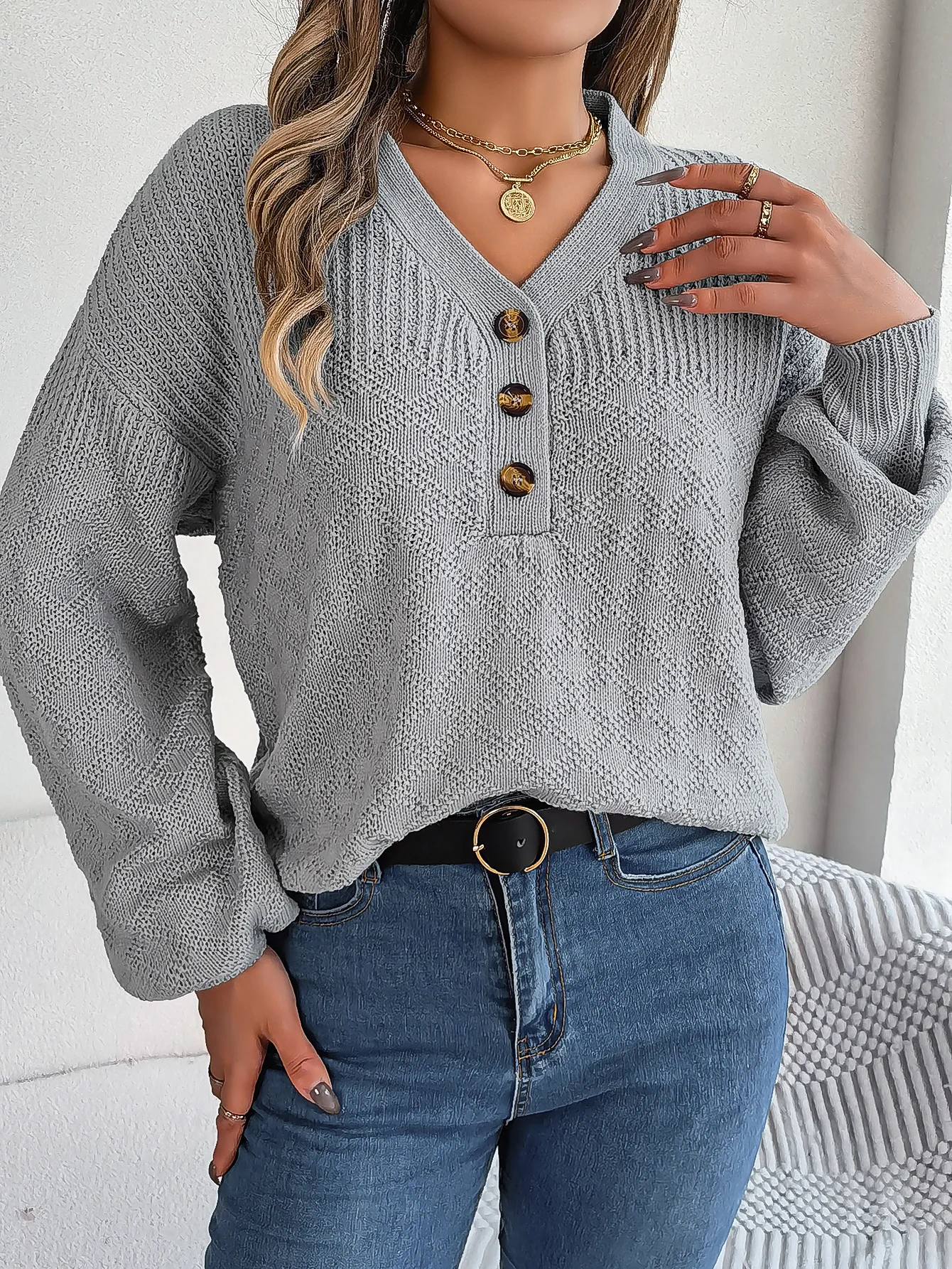 

Autumn and Winter for Sweater Women New Casual Fashion Loose V-Neck Button Lantern Sleeve Pullover Blouse
