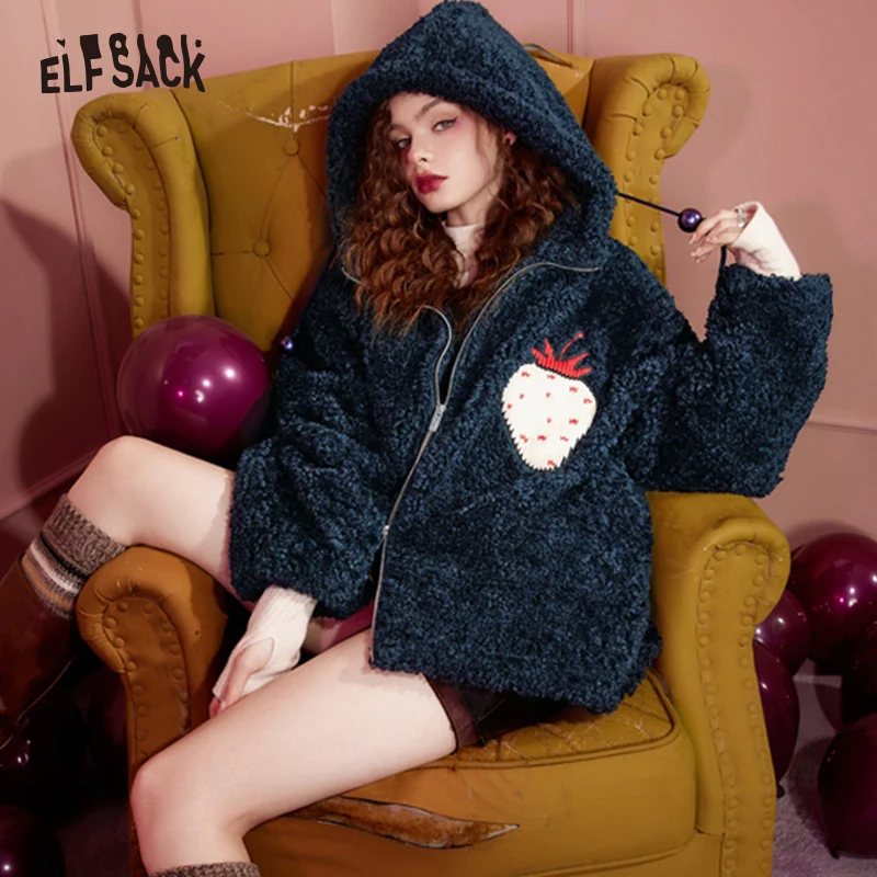 

ELFSACK Strawberry Plush Cotton Jackets Women 2022 Winter Thick Casual Coats