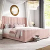 Queen Size Bed Frame, Pink Queen Beds Frames with Vertical Channel Tufted Headboard, Soft Velvet Upholstered Bed Frame 1