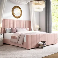 Queen Size Bed Frame, Pink Queen Beds Frames with Vertical Channel Tufted Headboard, Soft Velvet Upholstered Bed Frame 1