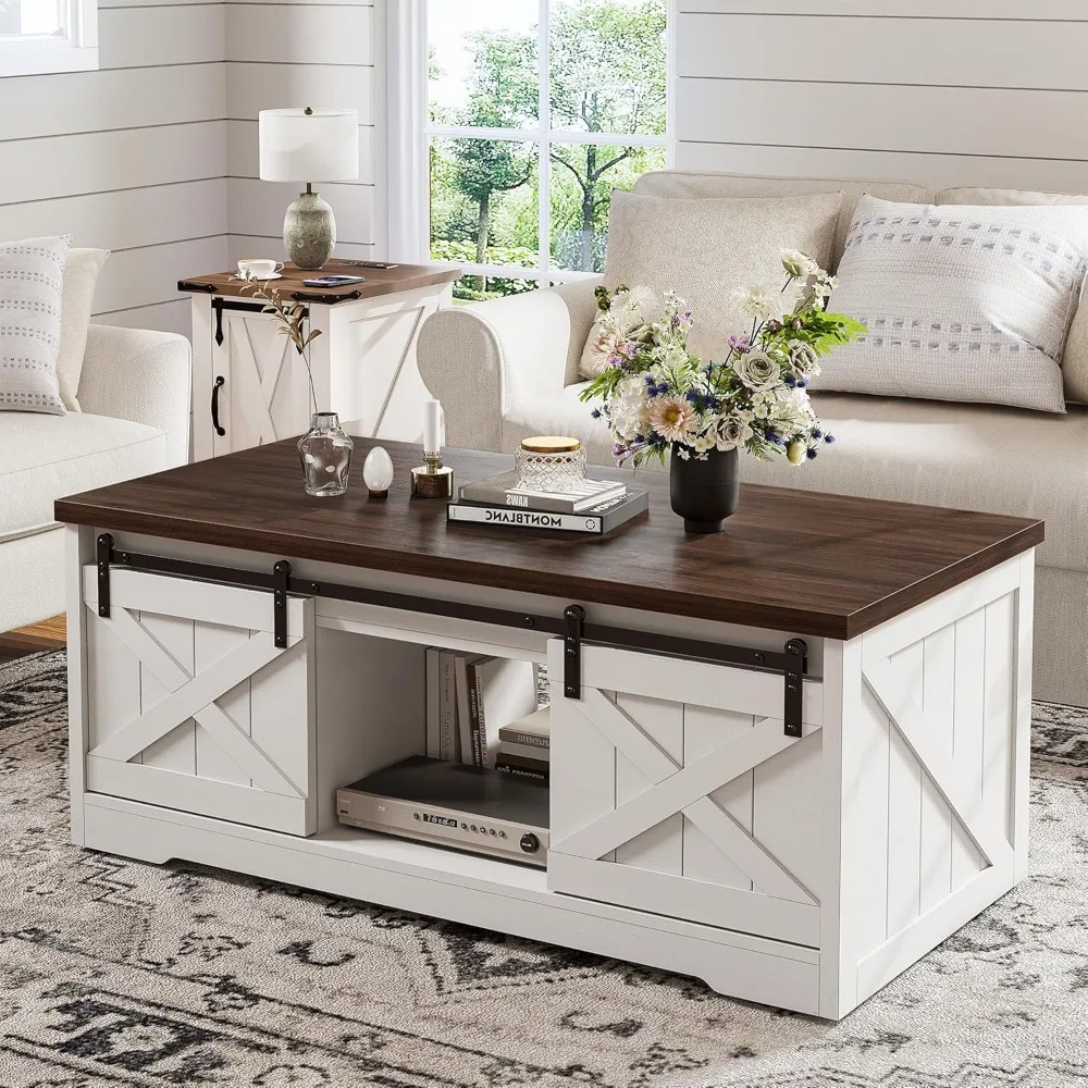 Farmhouse Lift Top Coffee Table with Sliding Barn Door Large Coffee Tables for Living Room, Wood Center Table