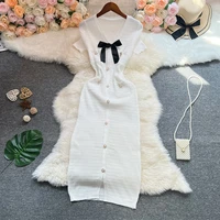 YuooMuoo Chic Fashion Elegant Bow V-neck Wrap Hips Knitted Dress Women Brand Fashion Pearl Buttons Bodycon Office Lady Vestidos - Image 3
