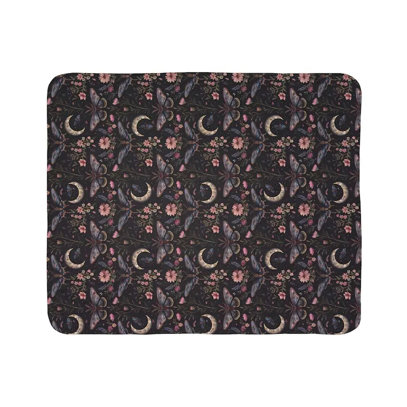 Aesthetic Botanical Whimsicore Forestcore Fleece Sherpa Blanket, Soft Throw for Halloween, Moon Phases Lunar Moth Witchy 3