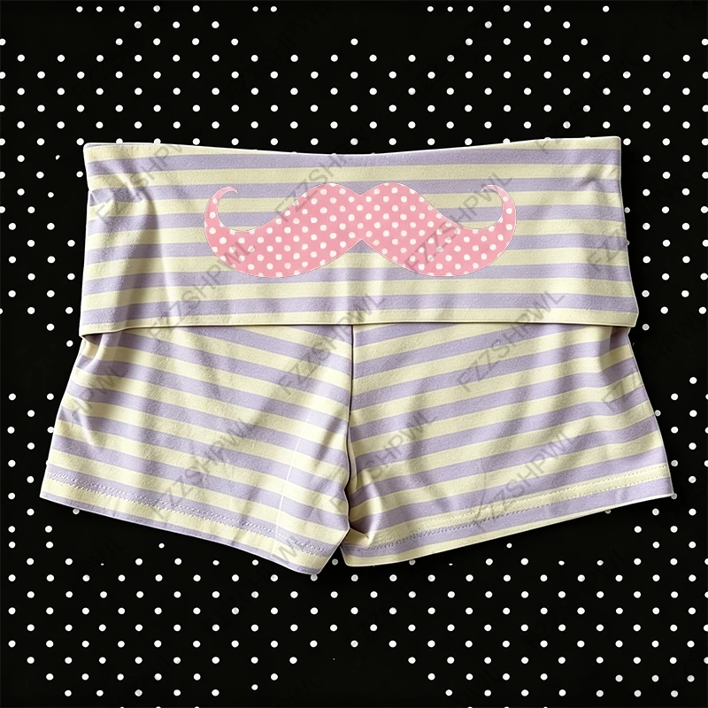Y2K Pastel Striped Fold Over Boyshort Shorts with Cute Polk Mustache Print High Waist Casual Summer Beach Underwear for Women's