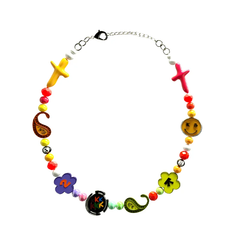 Smiley Face and Flower Choker Necklace Blue