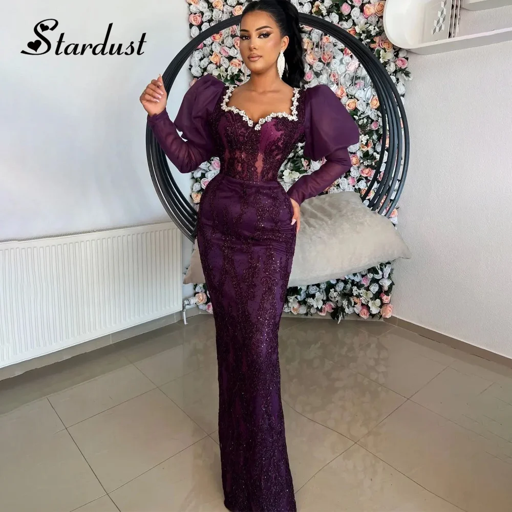 

Stardust Latest Column Evening Dresses V-Neck Lantern Sleeves Rhinestones Appliques Saudi Arabric Vestidos de Noche Customized