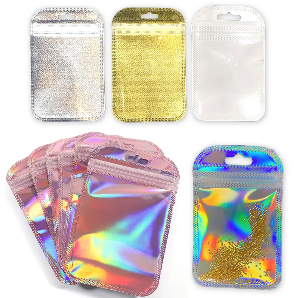 50pcs Thicken Resealable Ziplock OPP Bags Laser Iridescent Bag Clear Storage Bag White Bag with Hang Hole for DIY Jewelry Making custom custom d2w biodegradable matte frosted ziplock resealable plastic packaging poly zip lock zipper bag with logo for clothi