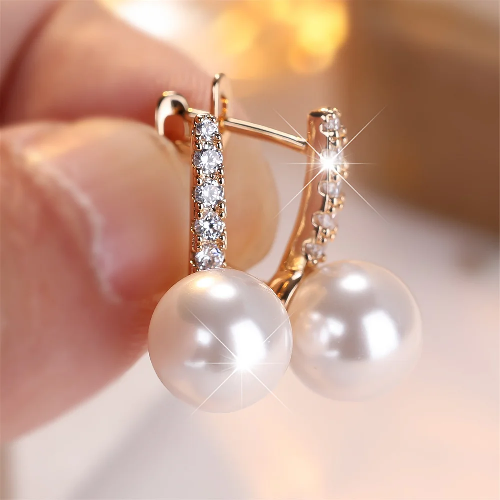 Small Round Simulated Pearl White Zircon Hoop Earrings For Women Vintage Gold Color Ear Buckle Wedding Jewelry Versatile Gifts