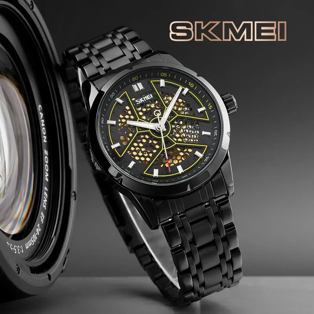 SKMEI Fashion Hollow out Automatic Mechanical Watch Honeycomb Mesh Pointer Men's Alloy Business Stainless Steel Watch
