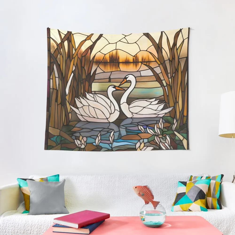 

Stained Glass Swan Love Tapestry Home Decorating Cute Decor Tapestry