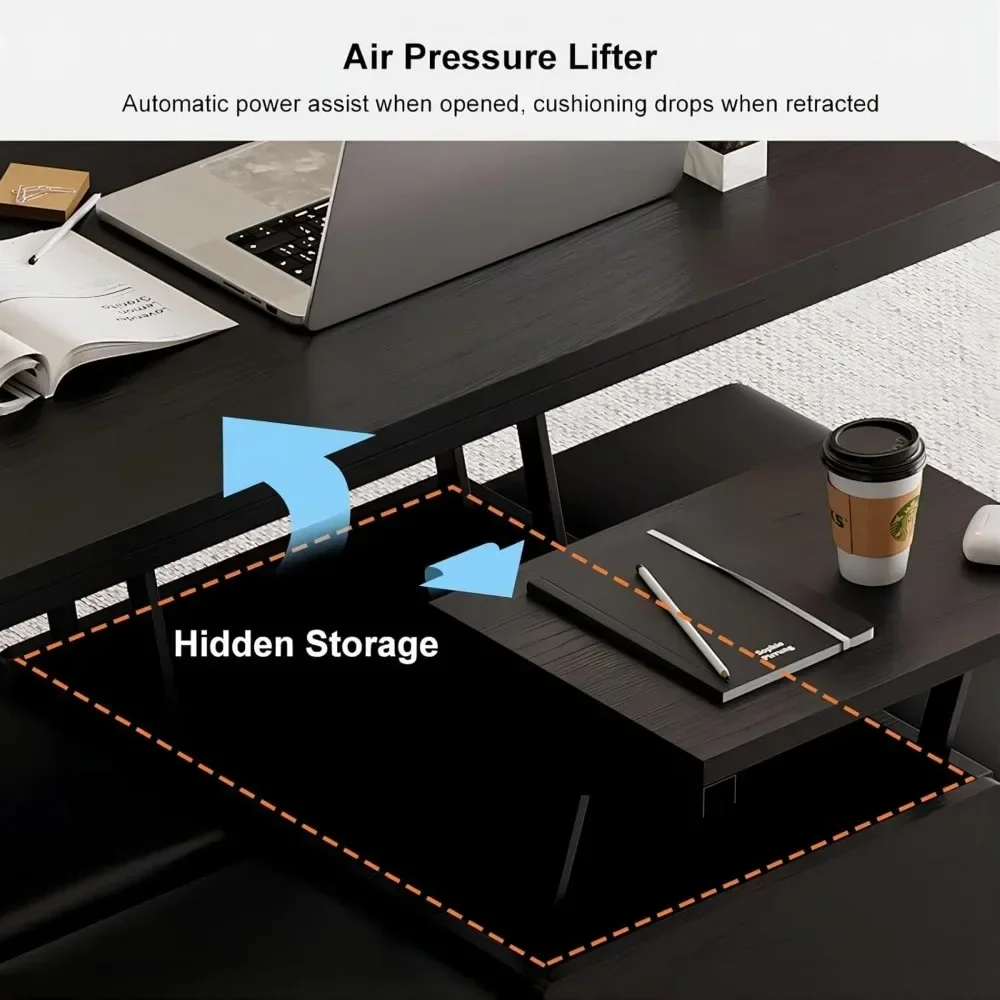 Coffee Table with Hidden Storage, Multifunctional 3-in-1 Tables with 4 Stools and Lockable Wheels, Lift-Top Coffee Table