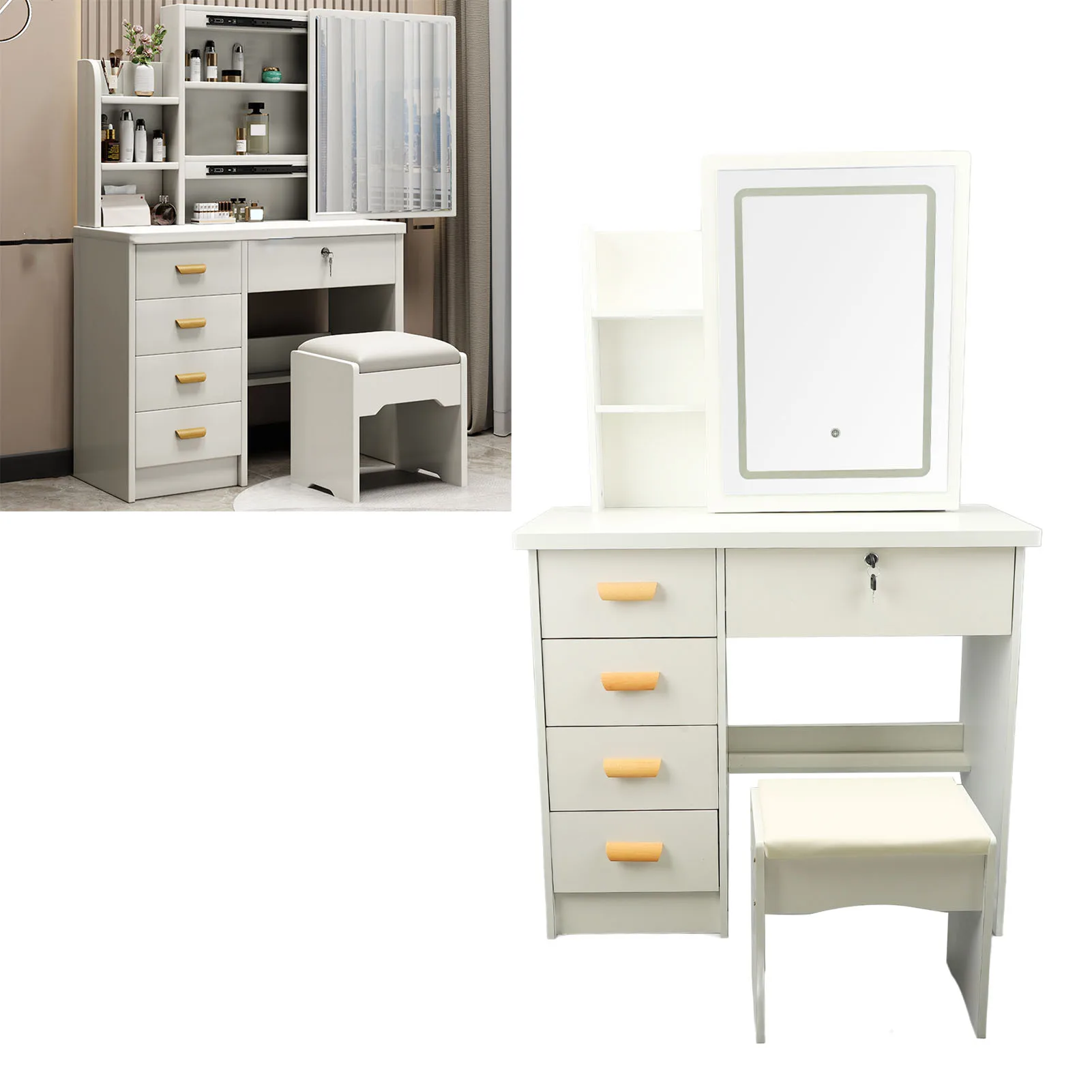 Makeup Table Dressing Table Modern Multi Functional Lighted Mirror Vanity Desk with Drawers Shelves Padded Stool for Bedroom 5