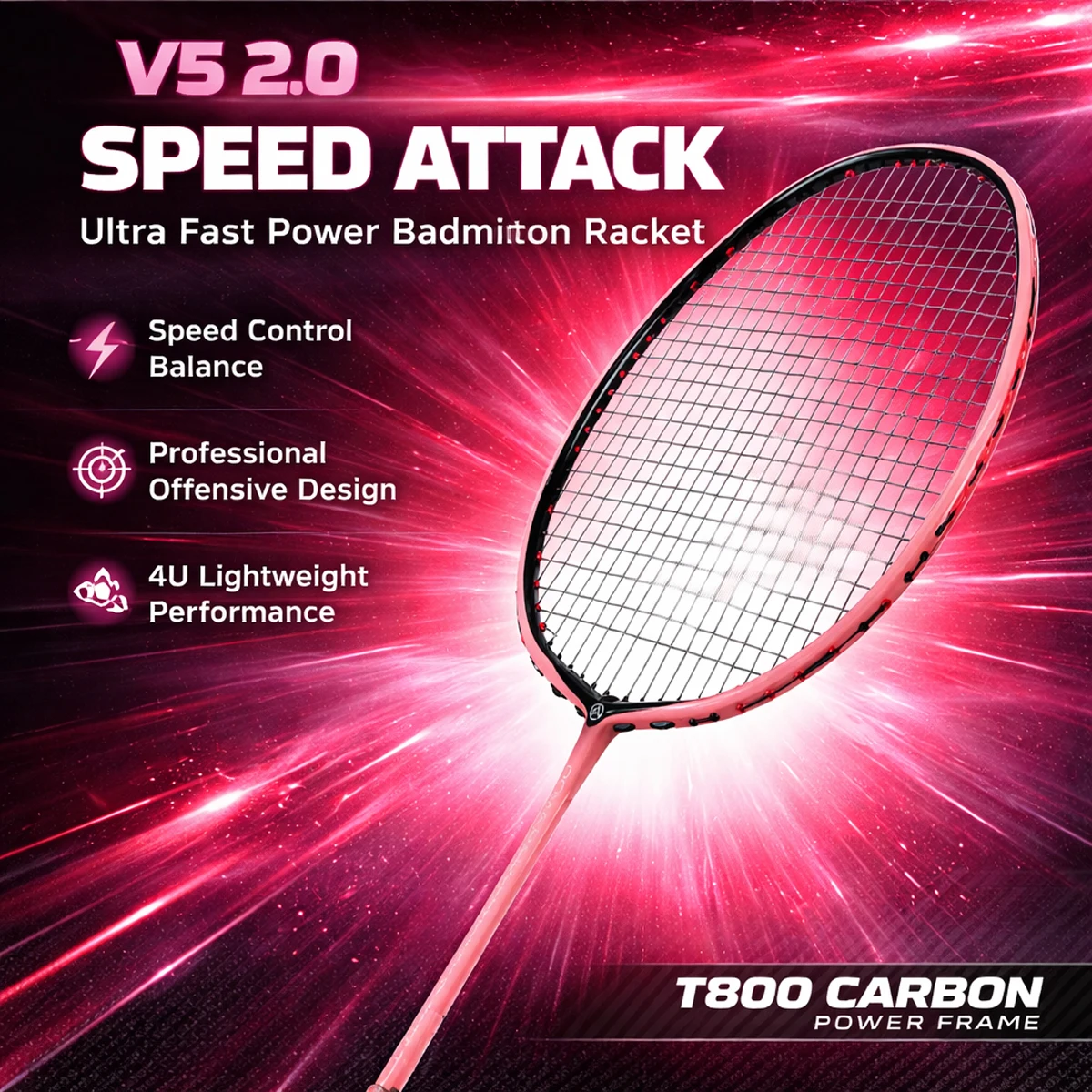 Raquette badminton offensive ALP V5 2.0 ultralégère 4U carbone original ALPSPORT pour attaques puissantes