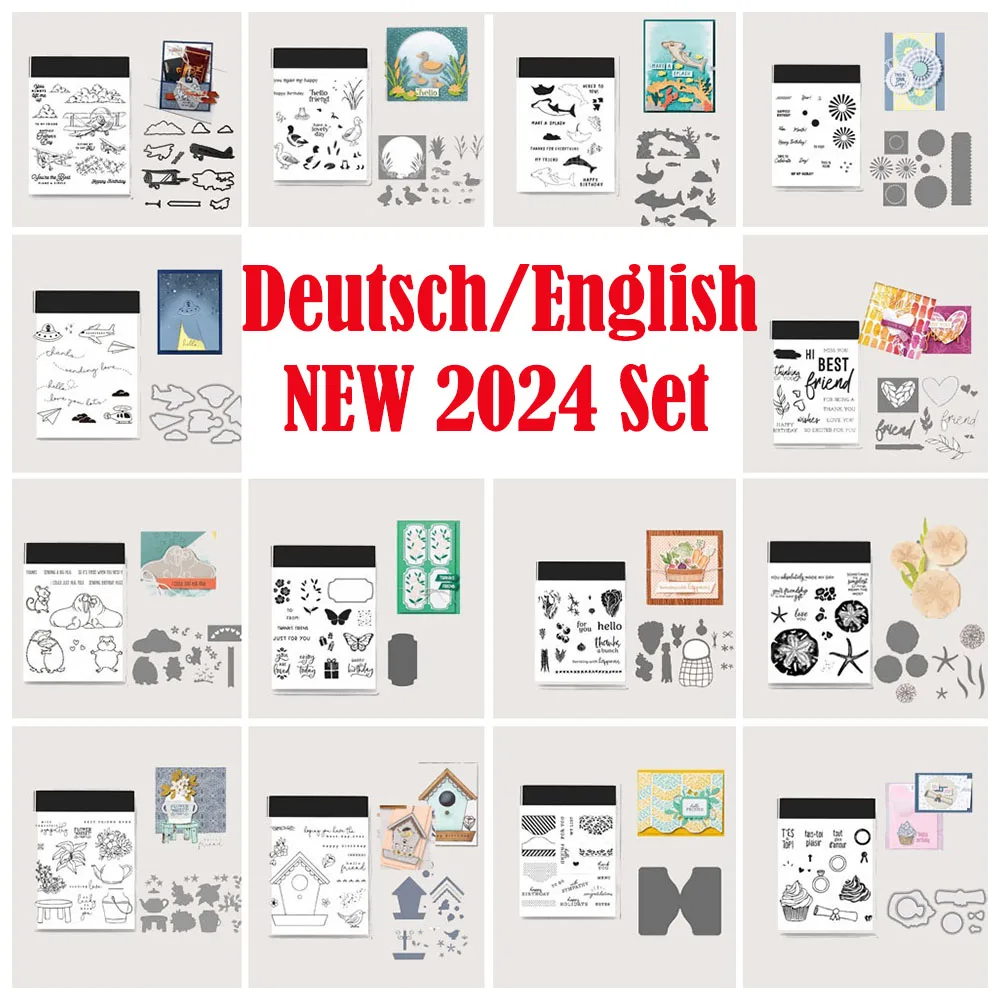 EN/DE 스탬프 및 다이 도이치 2024 새로운 세트, 카탈로그 스탬프 카드 스크랩북 업 스텐실 템플릿, 공예품용 스탬프 다이 커터