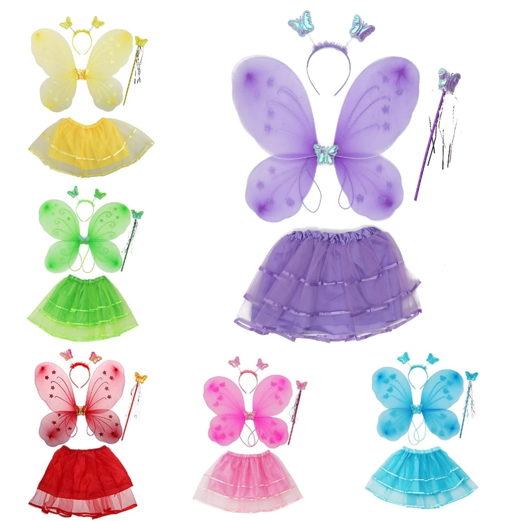 

Kids Girl Fairy Princess Costume Butterflies Wing Wand Skirt Headband Party Cosplay Prop for Halloween Stage