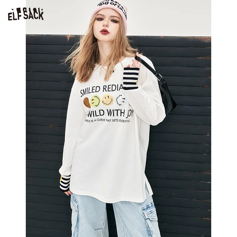 

ELFSACK street style sporty smiling face pattern long sleeve t-shirt for women 2024 spring new alphabet printing loose casual st