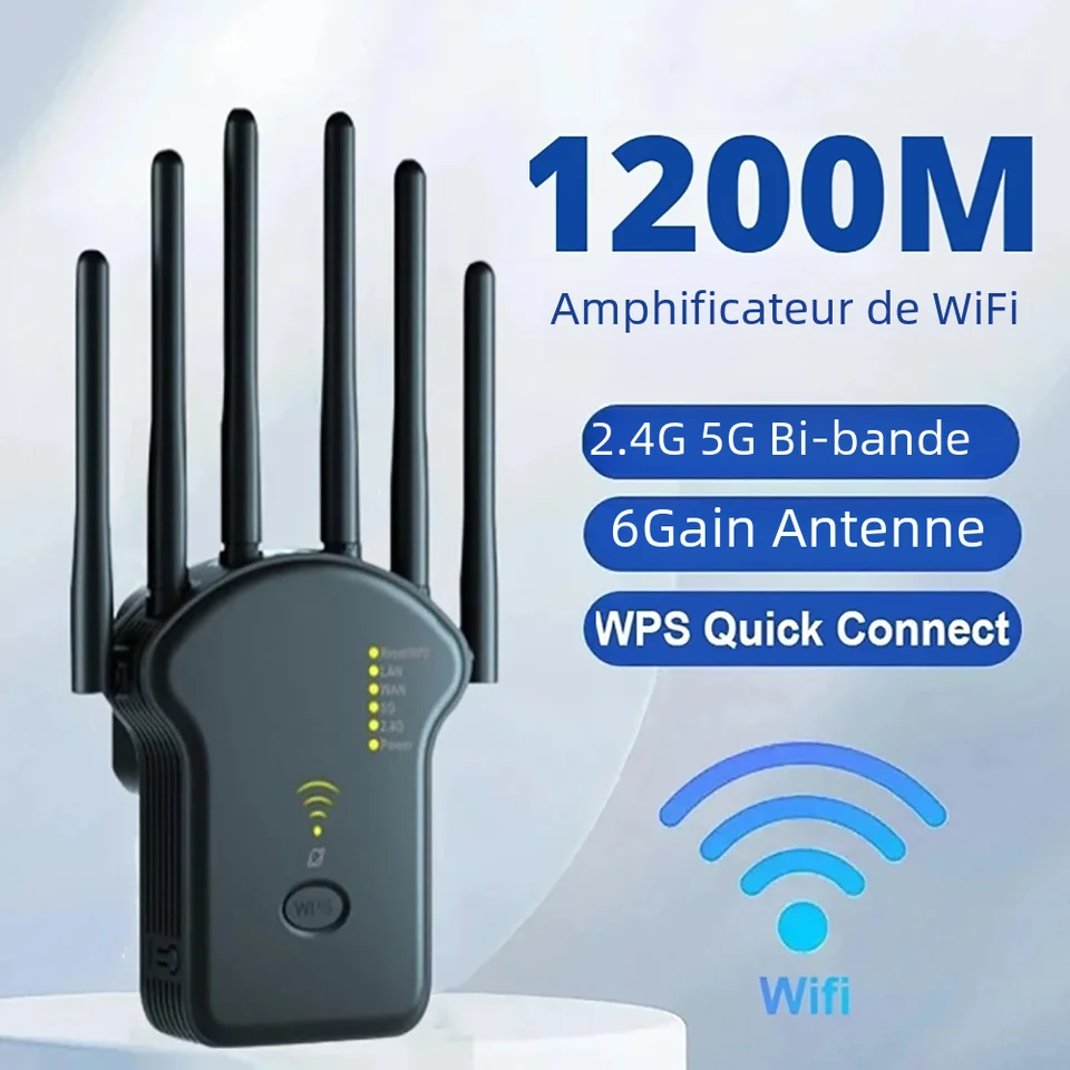 Répéteur WiFi Exterieur, 2025 Nouveau Amplificateur WiFi 1200Mbps, Répéteur WiFi Puissant Sans Fil Double Bande 5GHz & 2.4GHz WiFi Extender, Compatible Avec Toutes Les Box Internet Ethernet Port