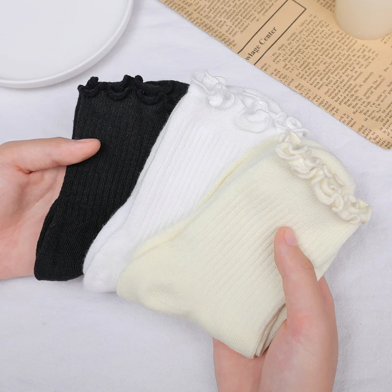 3pairs Cotton Cute Ruffle Socks Middle Tube Ankle Breathable  Solid Color Set Comfort  Casual Socks Sweat-absorbing Girl’s Socks