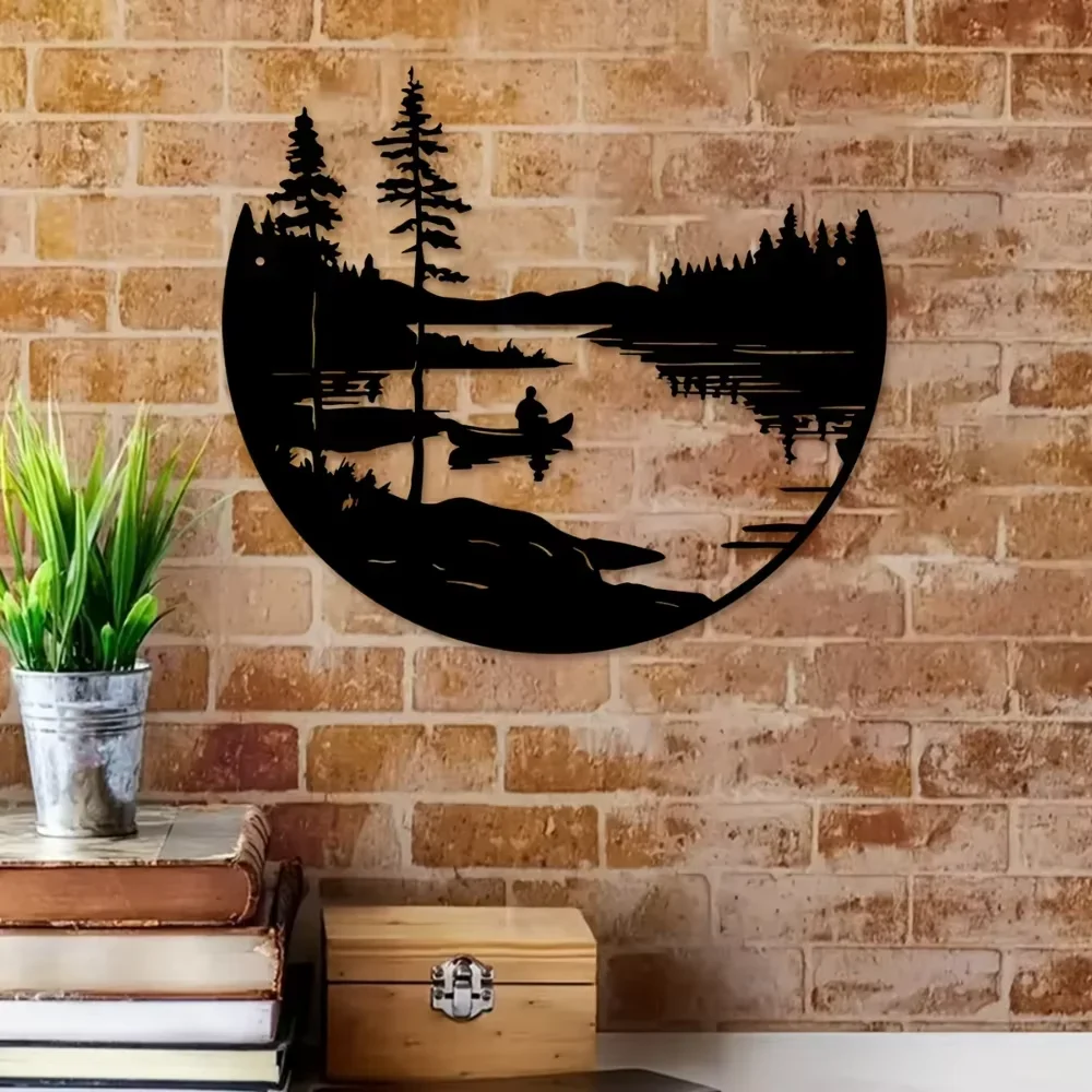 Round Metal Wall Art – Bohemian Lake & Mountain Silhouette Decor 4