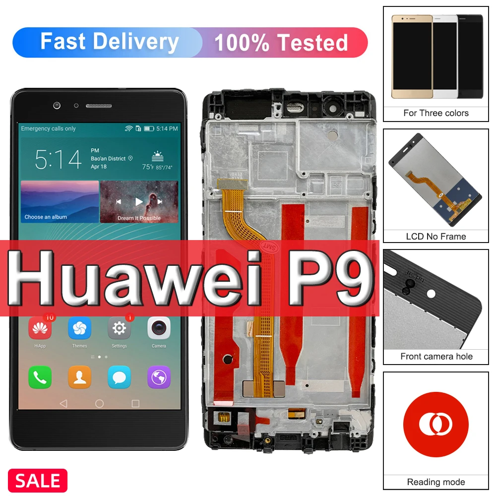 

5.2" Original For Huawei P9 LCD Display Touch Screen For Huawei P9 EVA-L09,EVA-L19,EVA-L29,EVA-AL00 Display Replace,with Frame