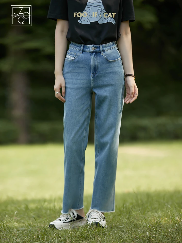 

ZIQIAO Women Denim Blue Straight Cropped Jeans 2022 New Office Lady Cotton Elastic Denim Pants Summer Thin High Waist Jean