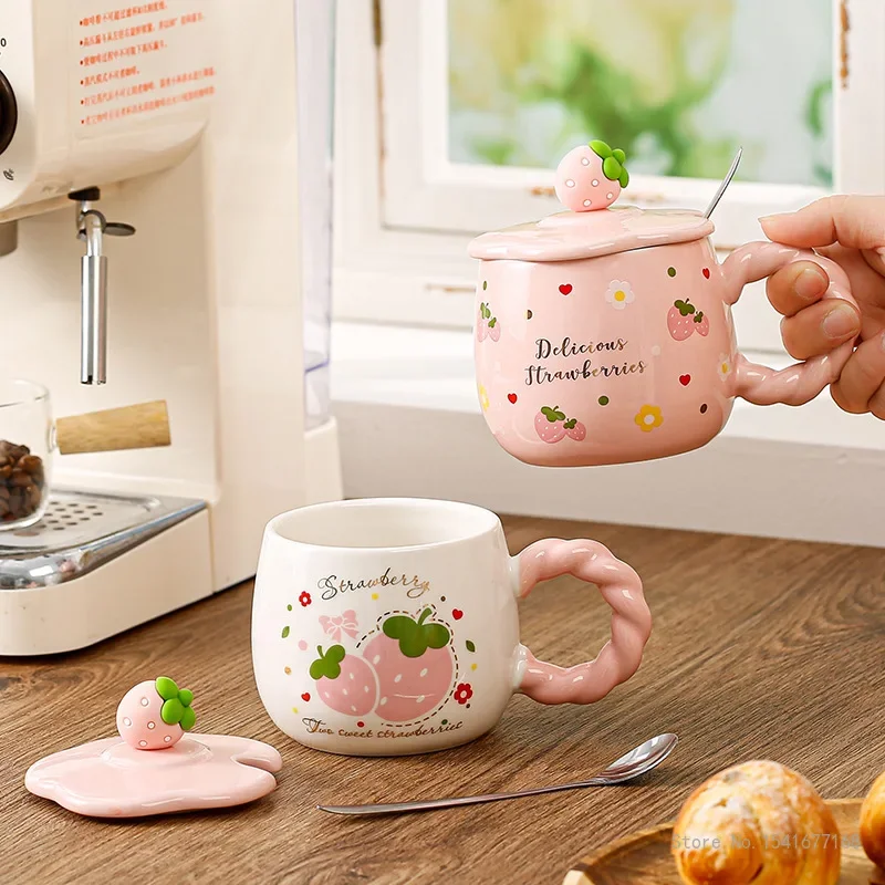 Creative Ceramic Cartoon Strawberry Pattern Milk Cup, with Cover, Chinese Style Home Office Supplies, Handle, Breakfast Mug, 1Pc