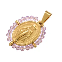 Elegant Virgin Mary Pendant Necklace | Stainless Steel Pearl Beaded Choker in Gold and Rainbow Tones (Gold Light Purple)