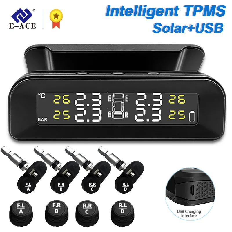 E-ACE K07 TPMS Tire Pressure Monitoring System Solar Energy And USB Charging 4 Sensors Monitor Tire Pressure And Temperature