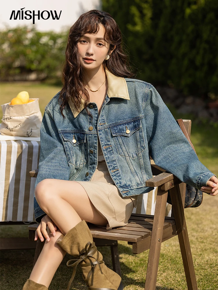 

MISHOW Women's Denim Jacket Vintage Cowboy Coat Spring 2023 Leather Turn-down Collar Single Breasted Female Clothing MXC11W0940